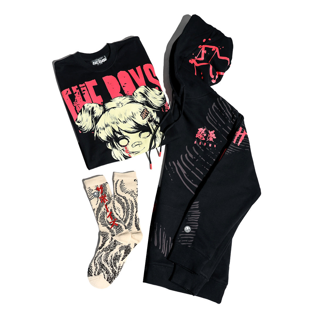 Black hoodie, t-shirt, and socks with graphic designs on a white background