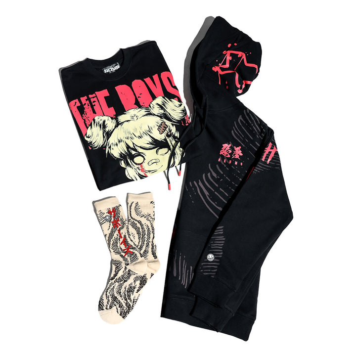 Black hoodie, t-shirt, and socks with graphic designs on a white background