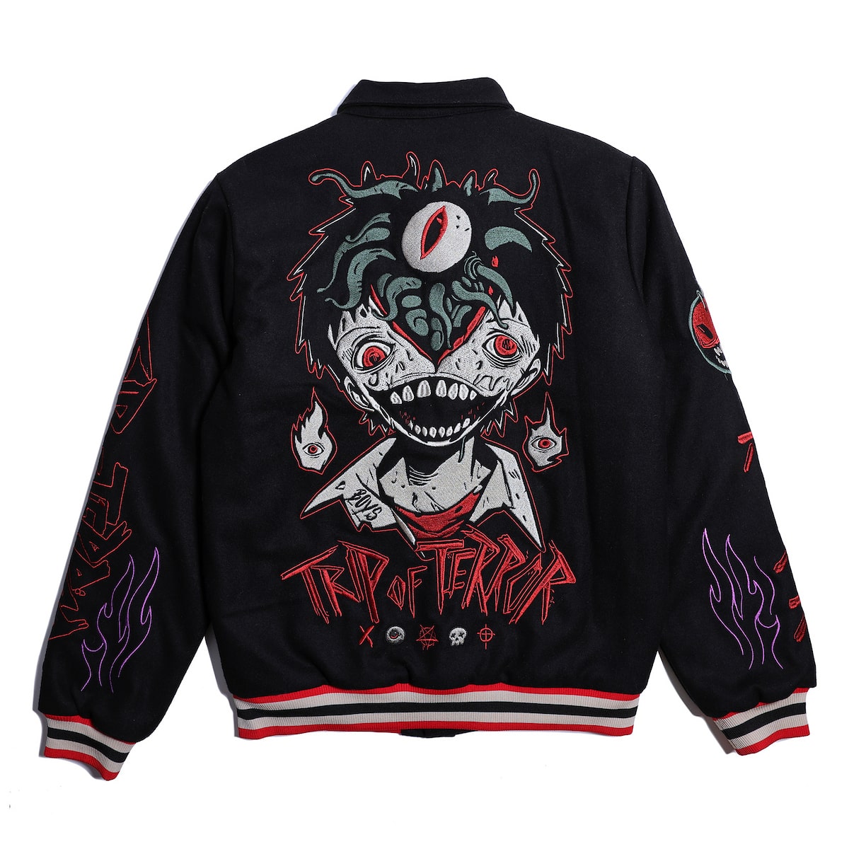 Trip of Terror Embroidered Black Varsity Jacket - Brain Rot