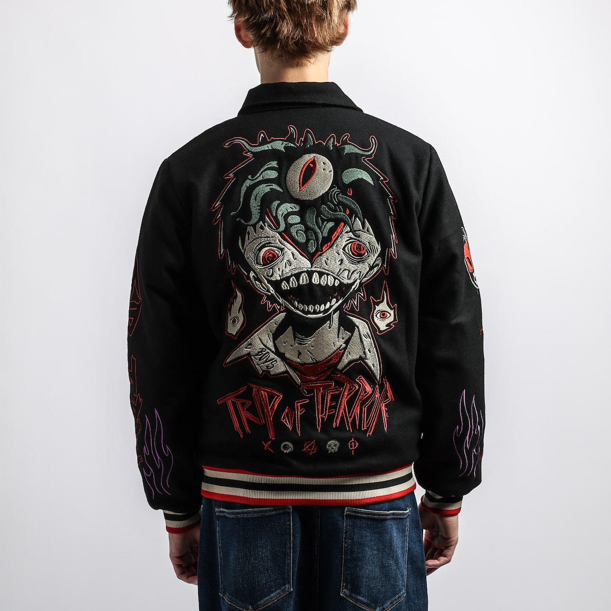 Trip of Terror Embroidered Black Varsity Jacket - Brain Rot