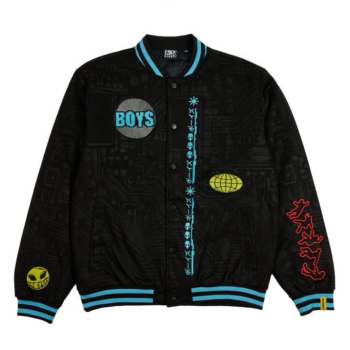 A black varsity-style bomber jacket with a subtle circuit board pattern, featuring light blue ribbed trim, a circular &
