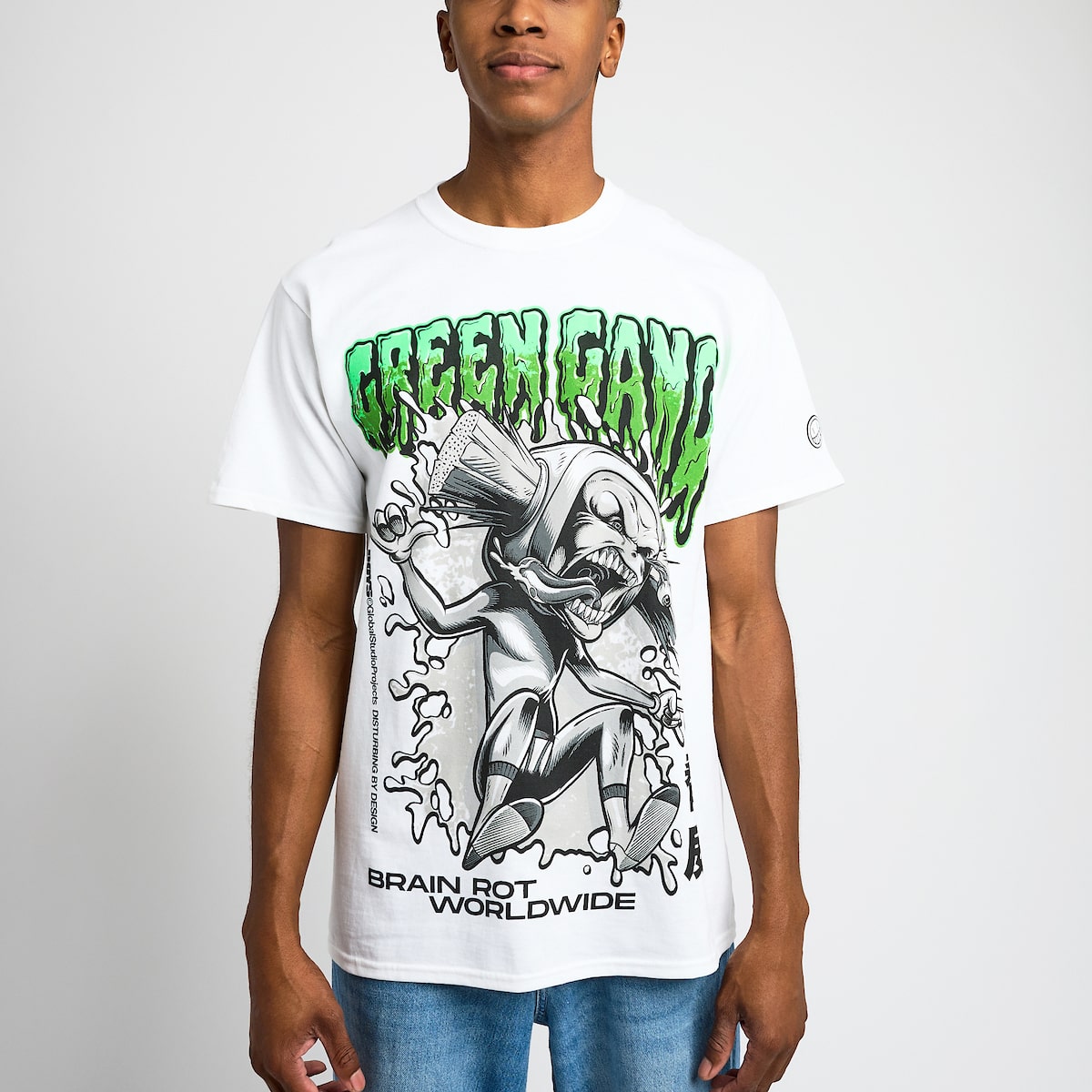 Green Gang Brush Head White Tee - Brain Rot Worldwide - The Boys