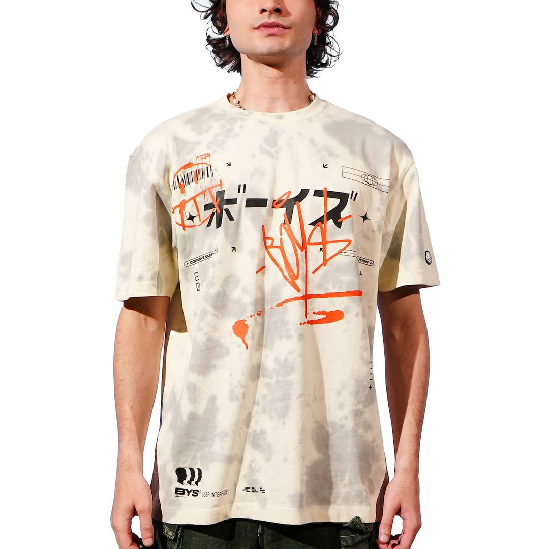 Person wearing a t-shirt with graphic design and text on a white background