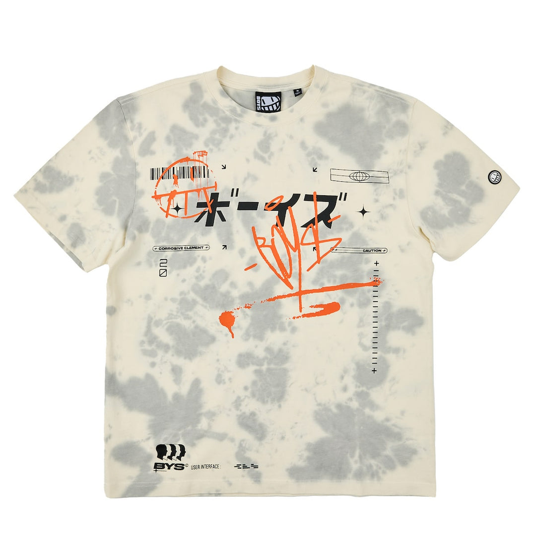 T-shirt with abstract design and text on a white background