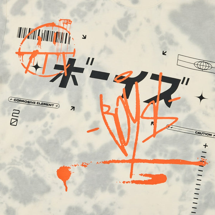 Close up of T-Shirt with abstract design, text, and symbols on a textured background