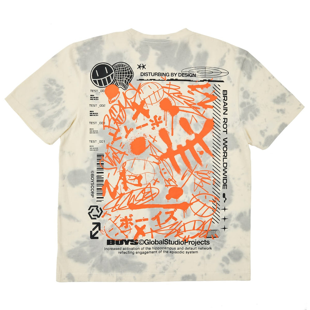 T-shirt with abstract design and text on a white background