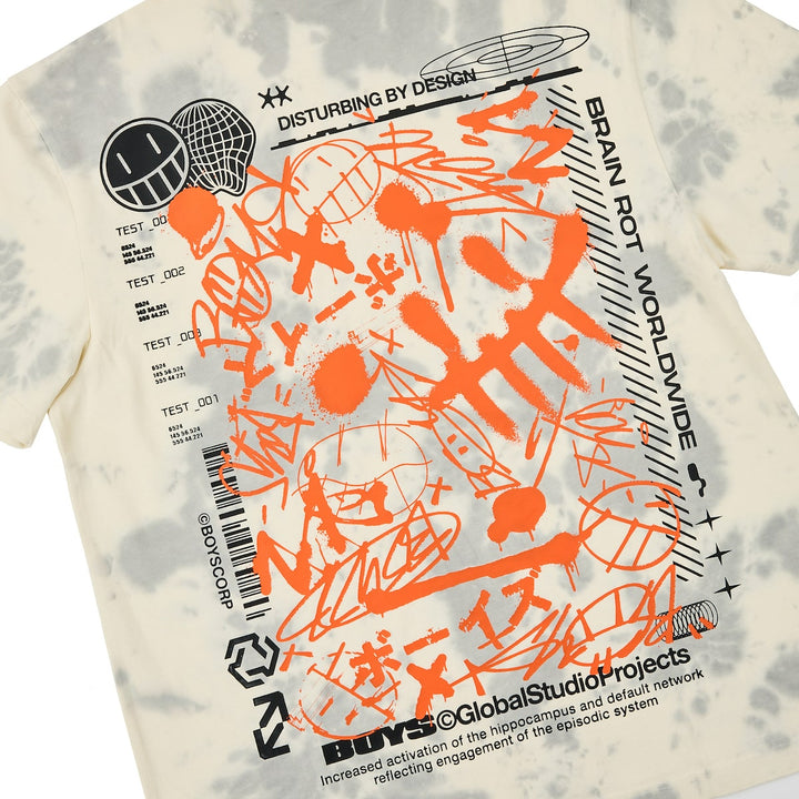 T-shirt with orange and black graphic design on a light background