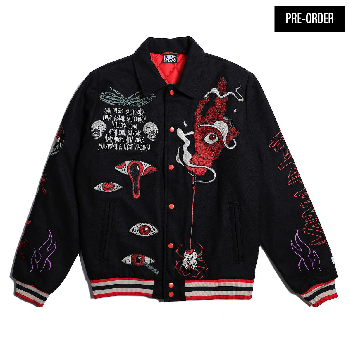Trip of Terror Embroidered Black Varsity Jacket - Brain Rot